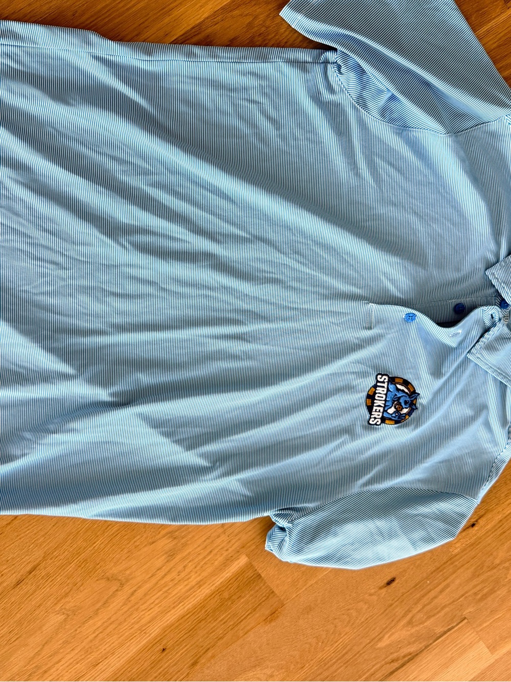 Antigua Light Blue Striped Button-Down Polo with Strokers Logo